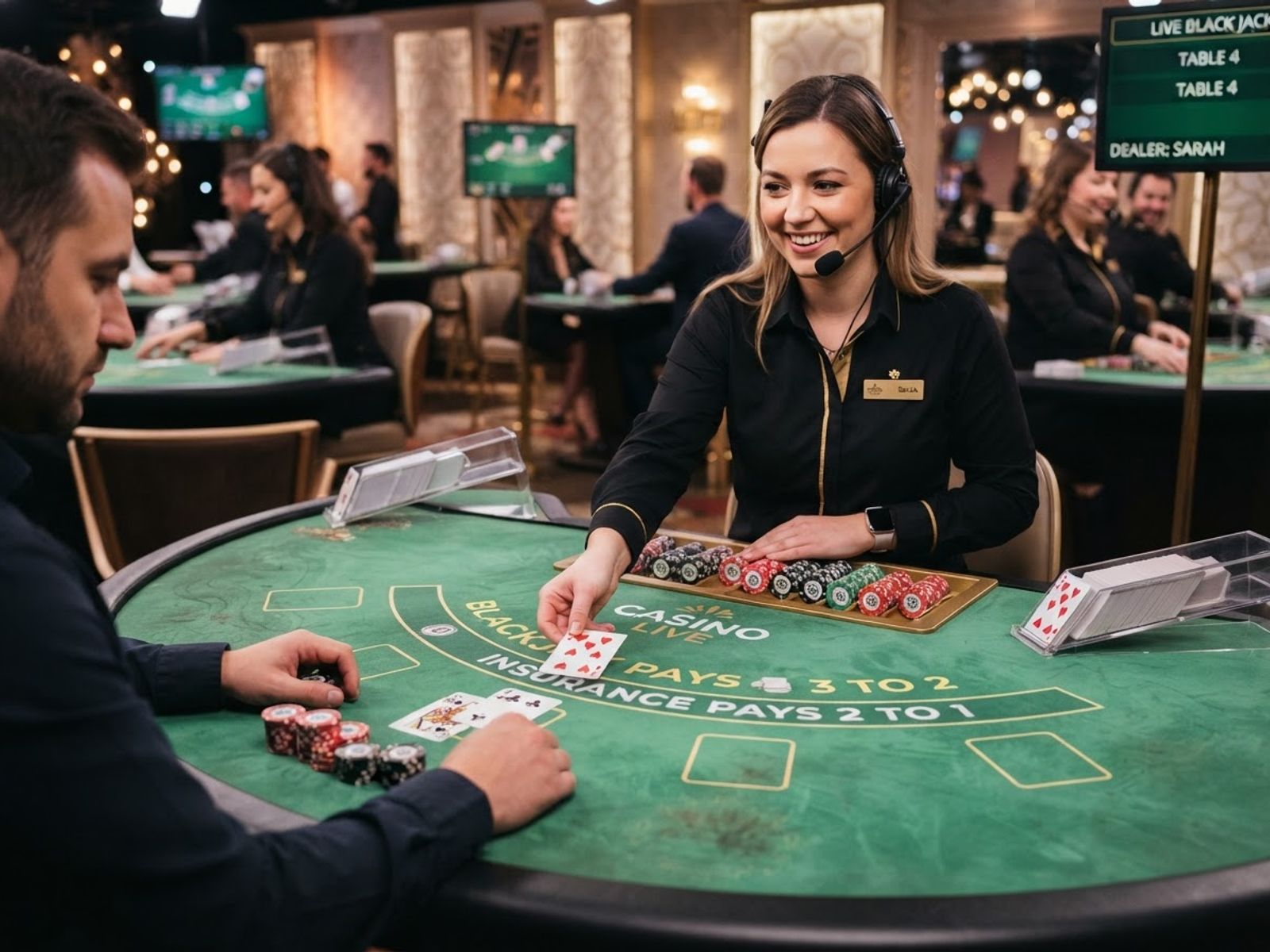Live blackjacktafel met dealer en kaarten