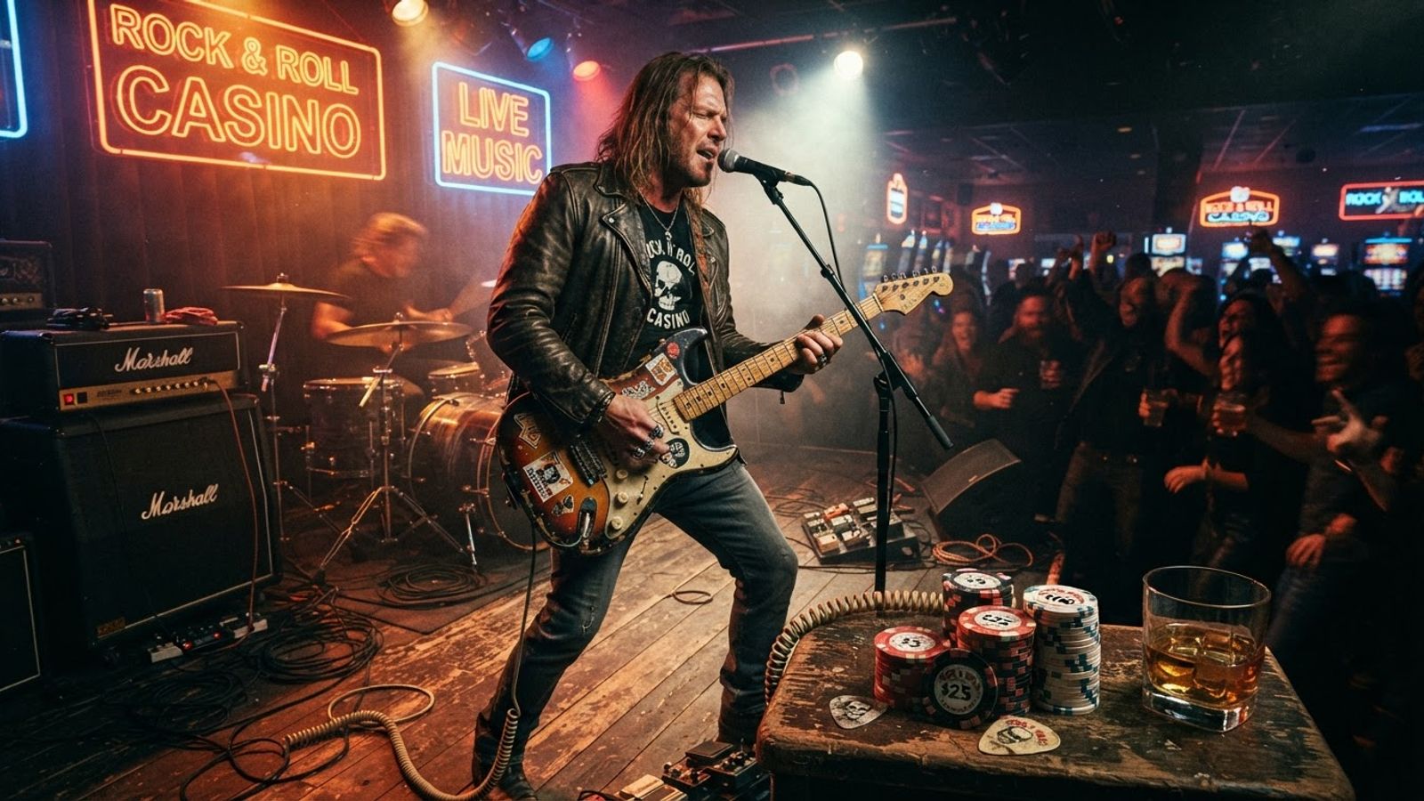 Rock 'n' roll casino met gitaar en neonlicht