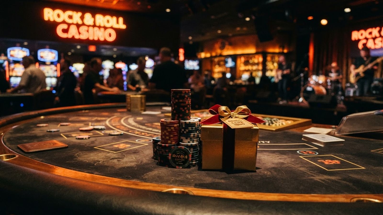 Casinofiches en een bonuscadeau op een donkere tafel