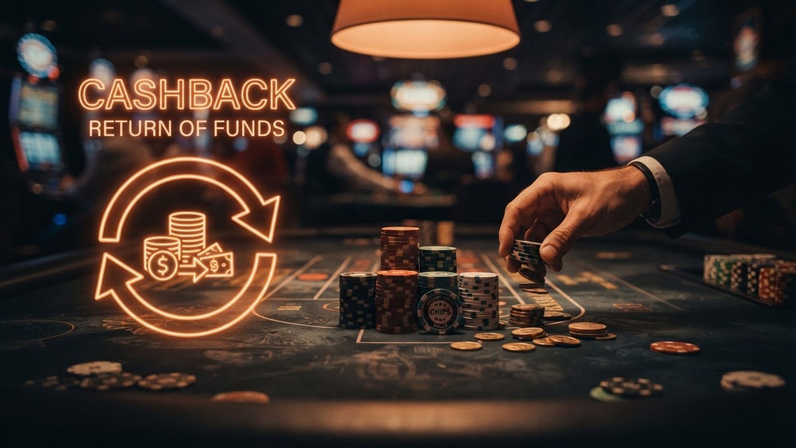 Cashback-pijlen en munten op een casinotafel